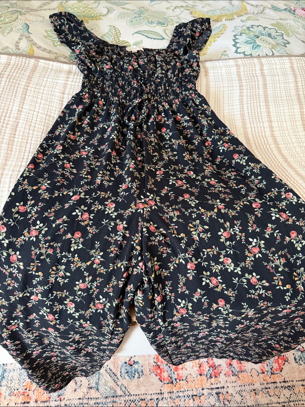 Smocked Floral Wide-Leg Jumpsuit - Black with Pink Rose Print